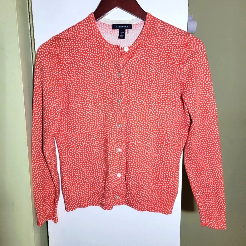 Lands' End Orange and White Polka Dot cardigan boxy square cut Sweater XS